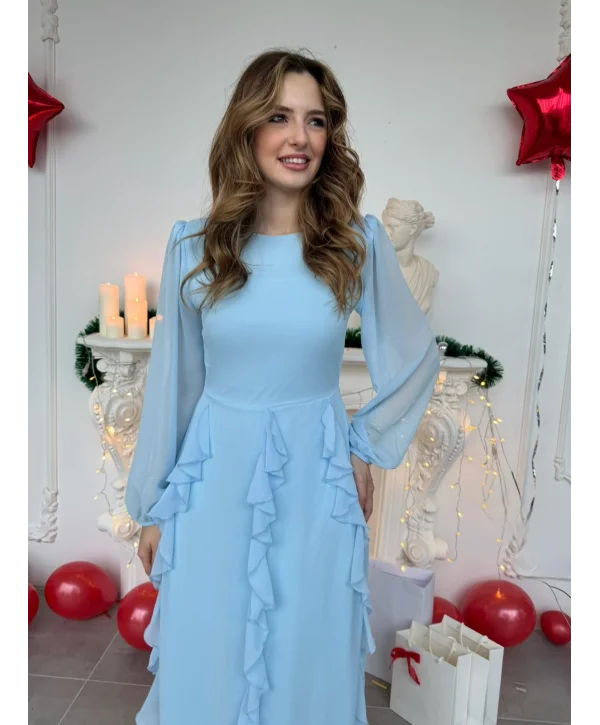 Hareketli Fırfır Etekli Şifon Maxi Bebe Mavi Elbise