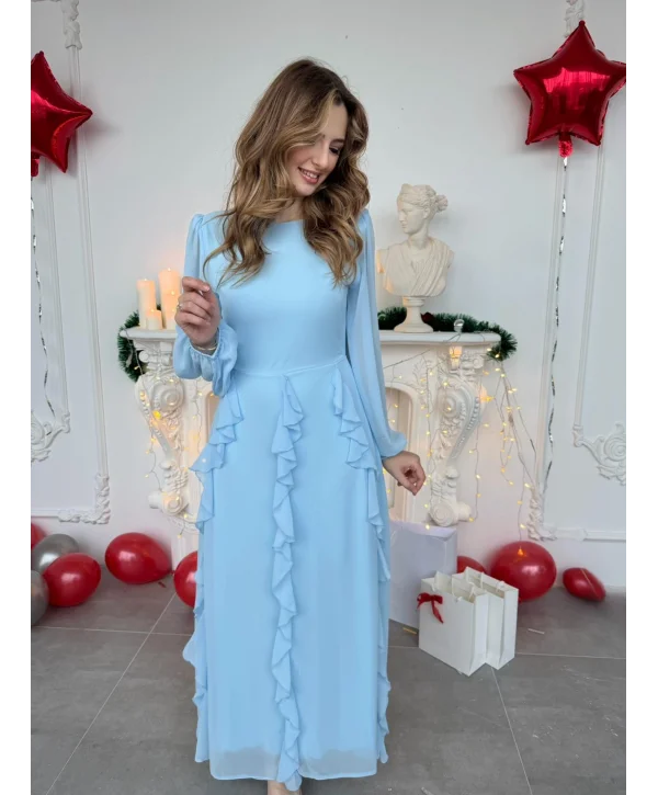 Hareketli Fırfır Etekli Şifon Maxi Bebe Mavi Elbise