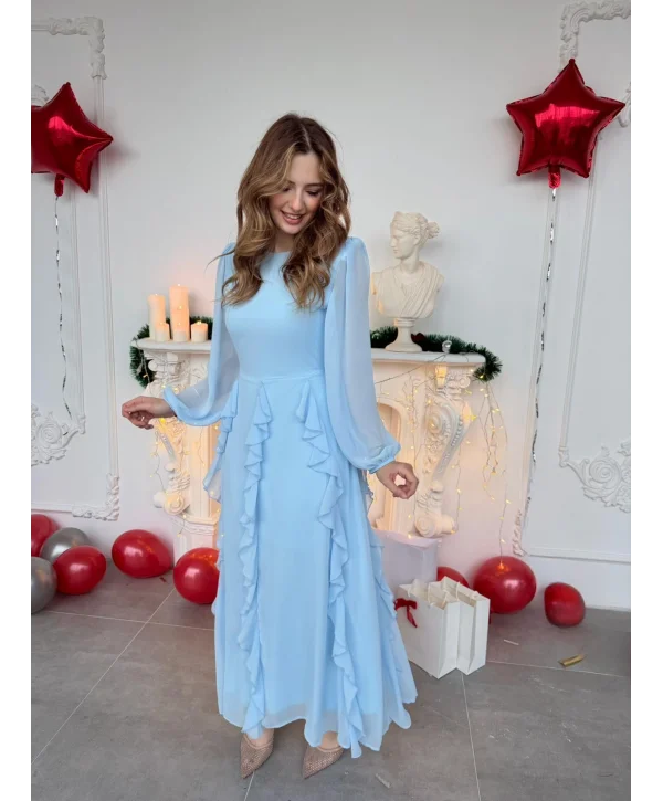 Hareketli Fırfır Etekli Şifon Maxi Bebe Mavi Elbise