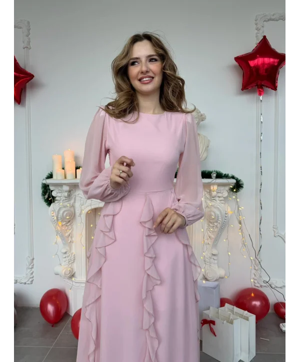 Hareketli Fırfır Etekli Şifon Maxi Pembe Elbise