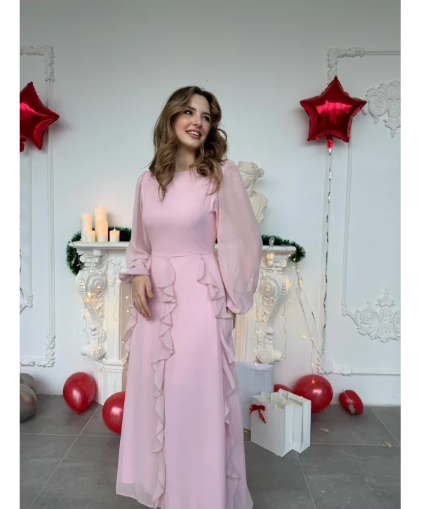 Hareketli Fırfır Etekli Şifon Maxi Pembe Elbise
