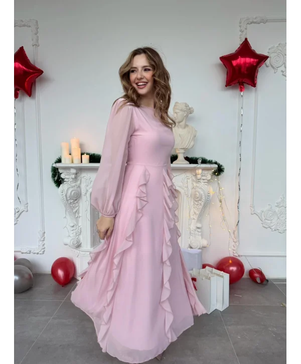 Hareketli Fırfır Etekli Şifon Maxi Pembe Elbise