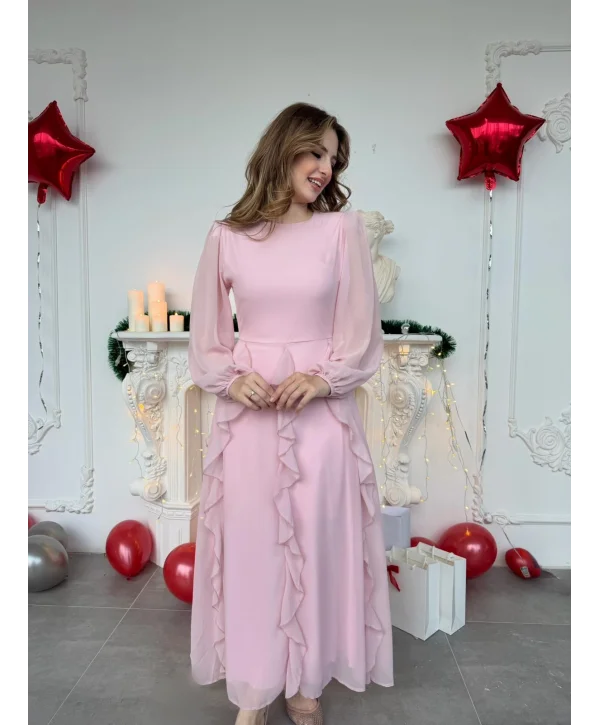 Hareketli Fırfır Etekli Şifon Maxi Pembe Elbise