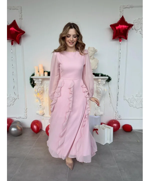 Hareketli Fırfır Etekli Şifon Maxi Pembe Elbise