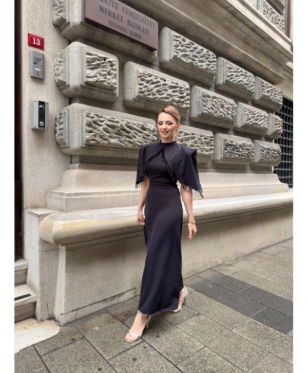 Helis Özel Tasarım Taş İşleme Detaylı Siyah Abiye Elbise