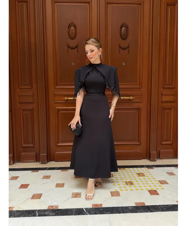 Helis Özel Tasarım Taş İşleme Detaylı Siyah Abiye Elbise