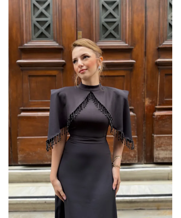 Helis Özel Tasarım Taş İşleme Detaylı Siyah Abiye Elbise