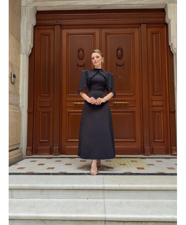 Helis Özel Tasarım Taş İşleme Detaylı Siyah Abiye Elbise