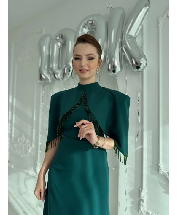 Özel Tasarım Taş İşleme Detaylı Zümrüt Abiye Elbise