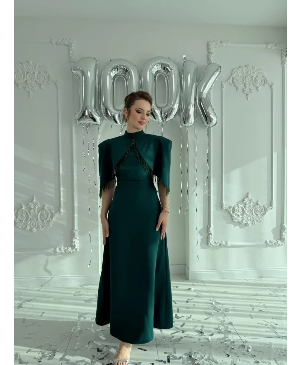 Özel Tasarım Taş İşleme Detaylı Zümrüt Abiye Elbise