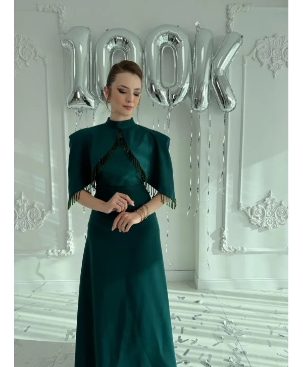 Özel Tasarım Taş İşleme Detaylı Zümrüt Abiye Elbise
