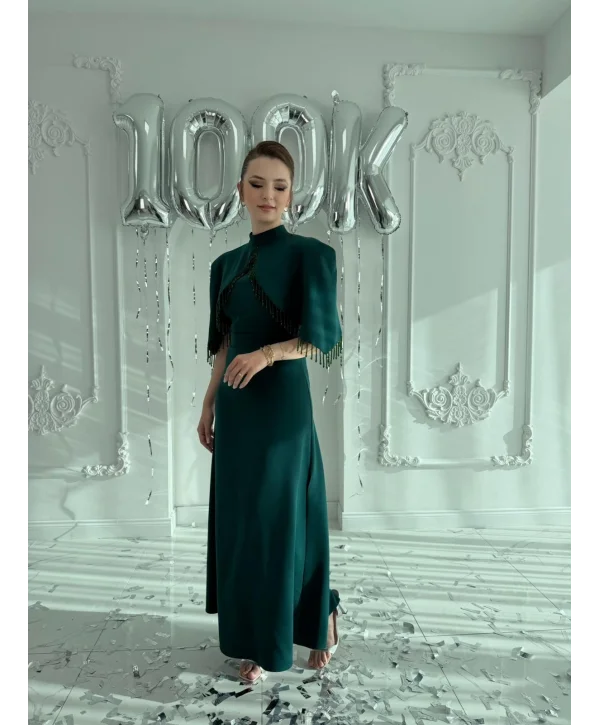 Özel Tasarım Taş İşleme Detaylı Zümrüt Abiye Elbise