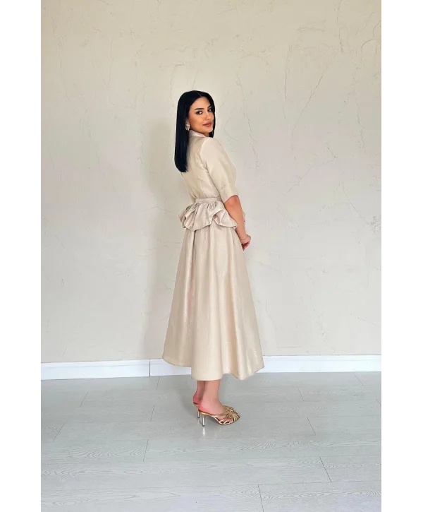 İnce Kemerli Fırfırlı Ceket ve Etek Bej Takım