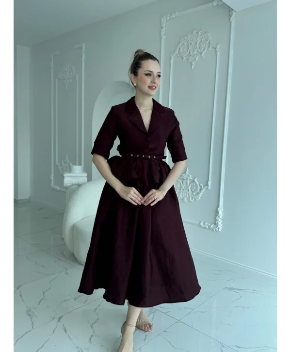 İnce Kemerli Fırfırlı Ceket ve Etek Bordo Takım