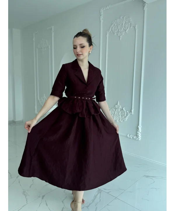 İnce Kemerli Fırfırlı Ceket ve Etek Bordo Takım