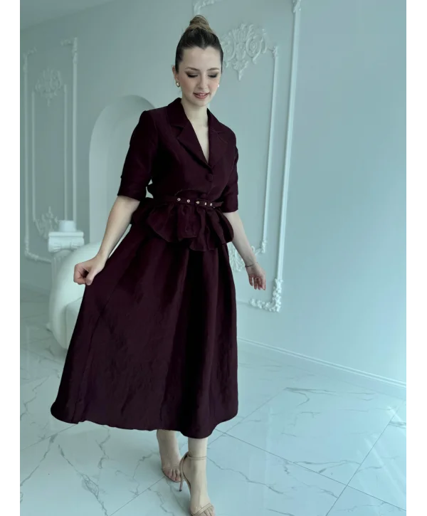 İnce Kemerli Fırfırlı Ceket ve Etek Bordo Takım