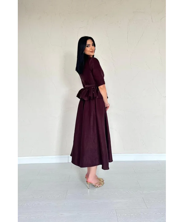 İnce Kemerli Fırfırlı Ceket ve Etek Bordo Takım