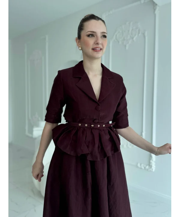 İnce Kemerli Fırfırlı Ceket ve Etek Bordo Takım