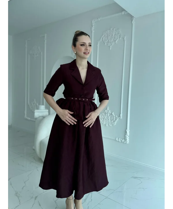 İnce Kemerli Fırfırlı Ceket ve Etek Bordo Takım