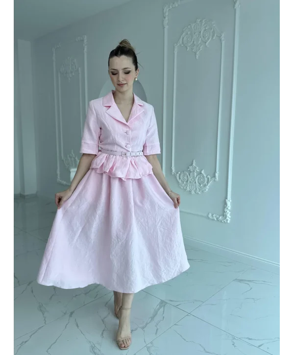 İnce Kemerli Fırfırlı Ceket ve Etek Pembe Takım