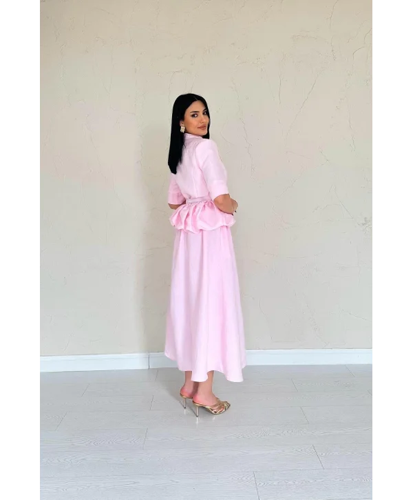 İnce Kemerli Fırfırlı Ceket ve Etek Pembe Takım
