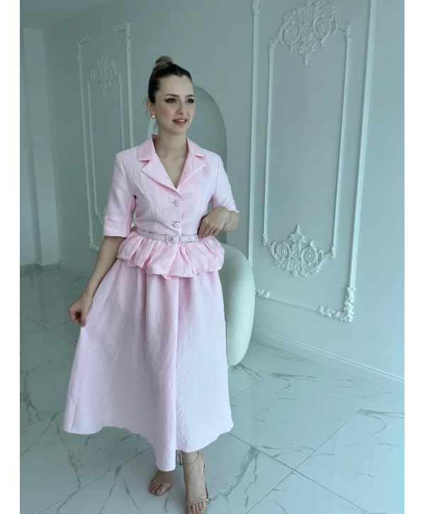 İnce Kemerli Fırfırlı Ceket ve Etek Pembe Takım