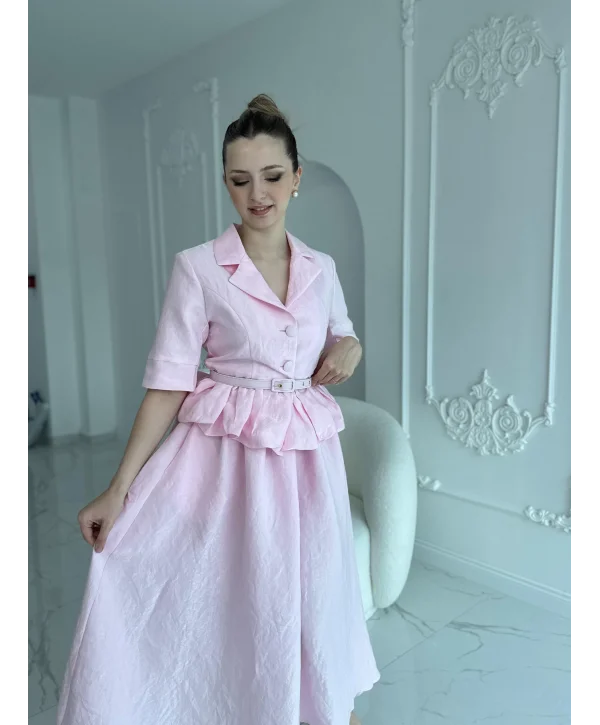 İnce Kemerli Fırfırlı Ceket ve Etek Pembe Takım