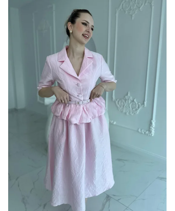 İnce Kemerli Fırfırlı Ceket ve Etek Pembe Takım