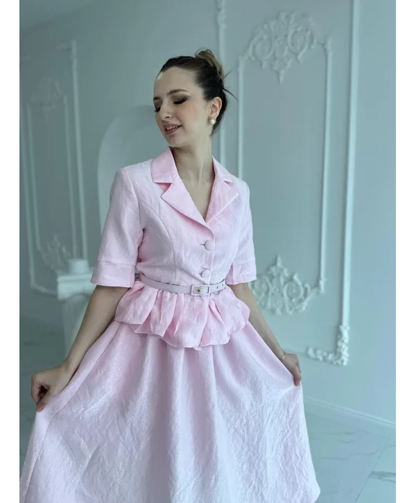 İnce Kemerli Fırfırlı Ceket ve Etek Pembe Takım