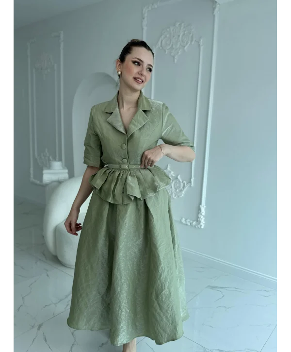 İnce Kemerli Fırfırlı Ceket ve Etek Yeşil Takım