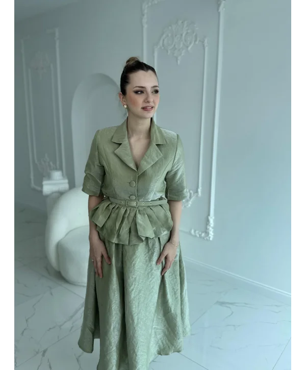 İnce Kemerli Fırfırlı Ceket ve Etek Yeşil Takım
