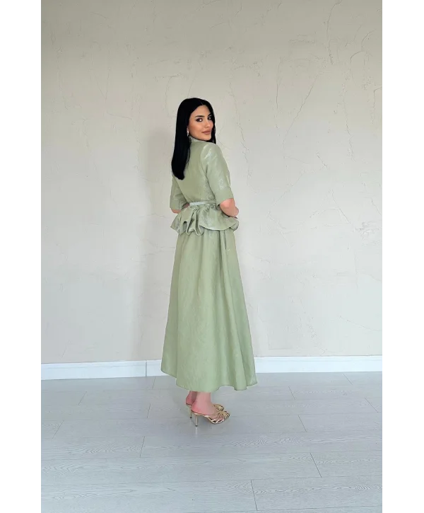İnce Kemerli Fırfırlı Ceket ve Etek Yeşil Takım