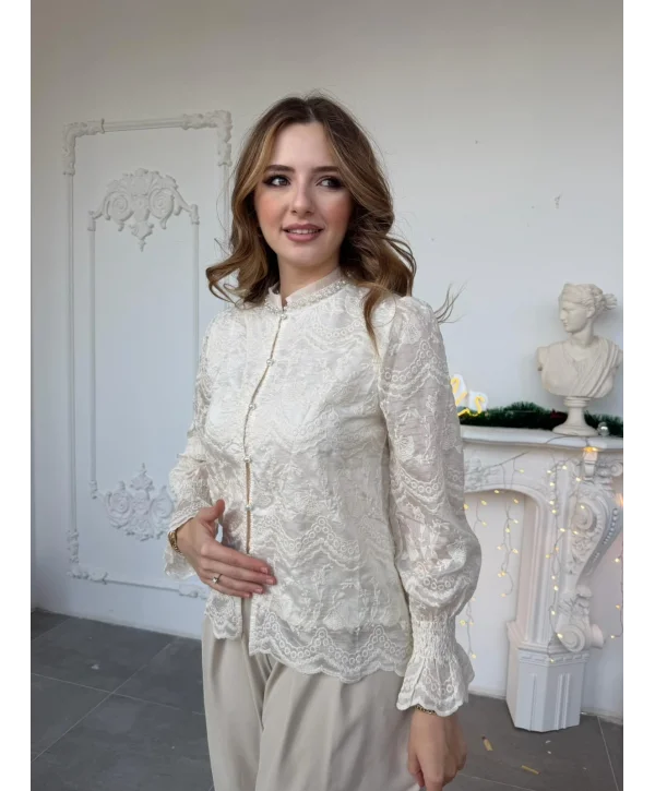 İnci Detaylı Krem Gipür Dantel Bluz - Standart Beden