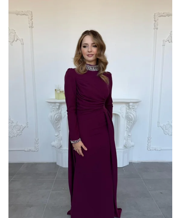 İnci Detaylı Pelerinli Uzun Mor Abiye Elbise