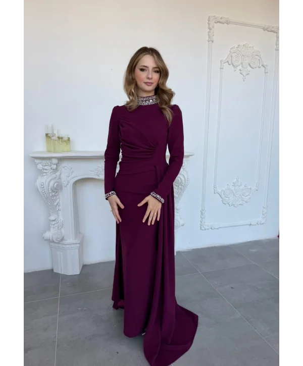 İnci Detaylı Pelerinli Uzun Mor Abiye Elbise