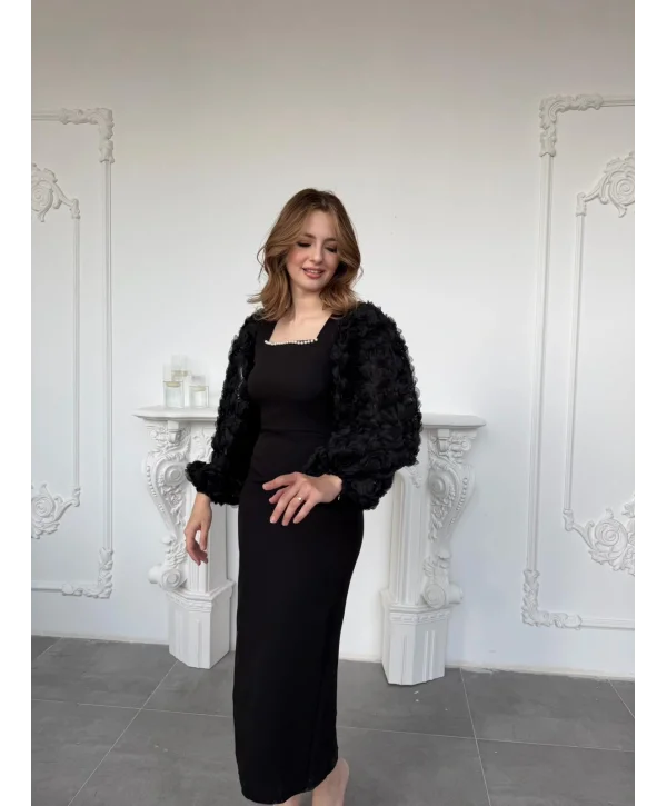 İnci Yaka ve Gül Aplike Kol Detaylı Siyah Elbise