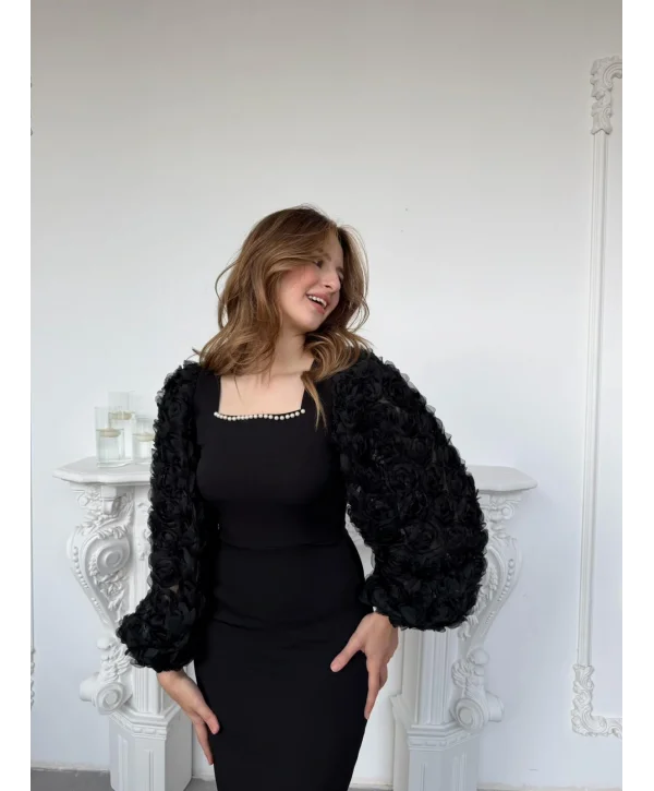 İnci Yaka ve Gül Aplike Kol Detaylı Siyah Elbise