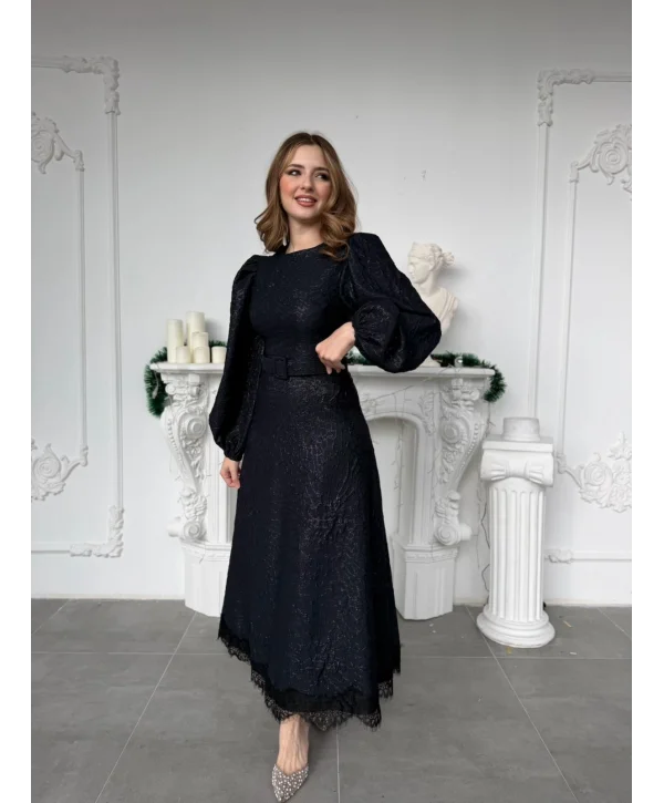 Işıltılı Özel Kumaş Kemerli Etek Ucu Dantelli Lacivert Elbise