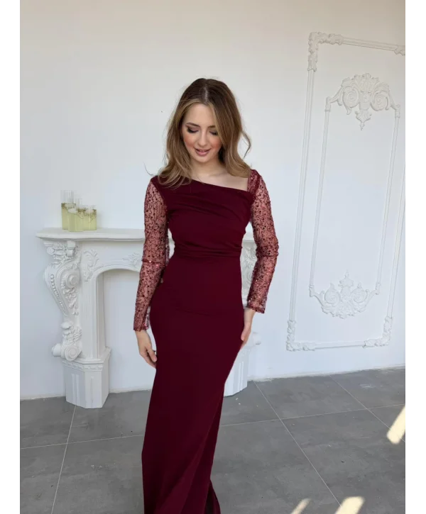 Işıltılı Tül Kollu Drapeli Uzun Abiye Bordo Elbise