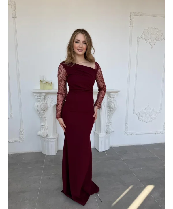 Işıltılı Tül Kollu Drapeli Uzun Abiye Bordo Elbise