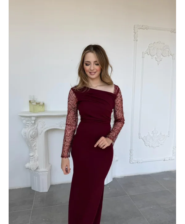 Işıltılı Tül Kollu Drapeli Uzun Abiye Bordo Elbise