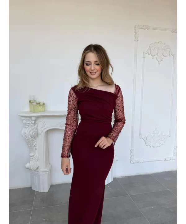 Işıltılı Tül Kollu Drapeli Uzun Abiye Bordo Elbise