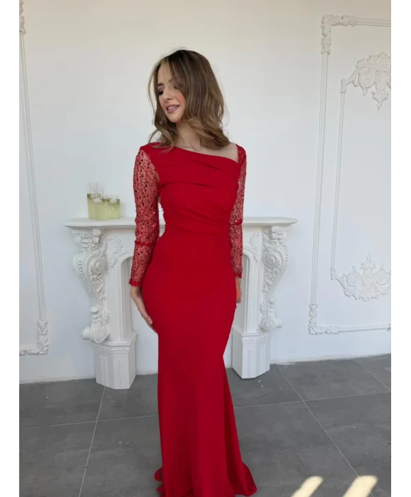 Işıltılı Tül Kollu Drapeli Uzun Abiye Kırmızı Elbise