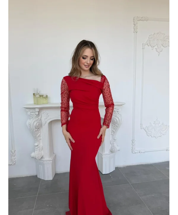 Işıltılı Tül Kollu Drapeli Uzun Abiye Kırmızı Elbise