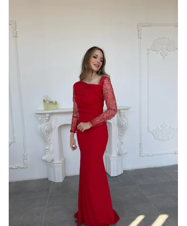 Işıltılı Tül Kollu Drapeli Uzun Abiye Kırmızı Elbise