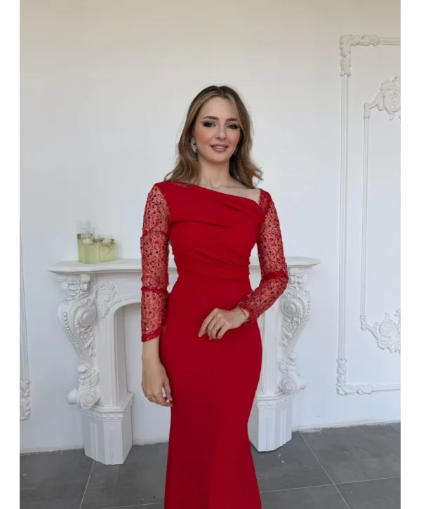 Işıltılı Tül Kollu Drapeli Uzun Abiye Kırmızı Elbise