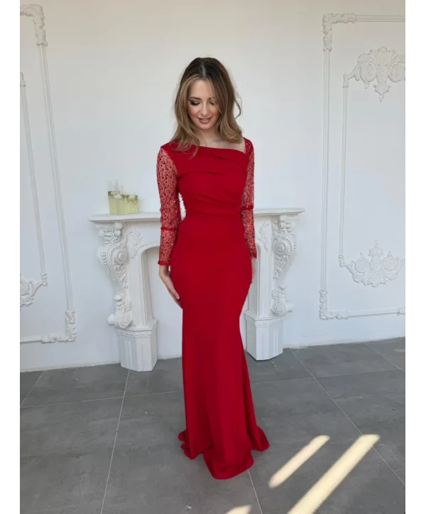 Işıltılı Tül Kollu Drapeli Uzun Abiye Kırmızı Elbise