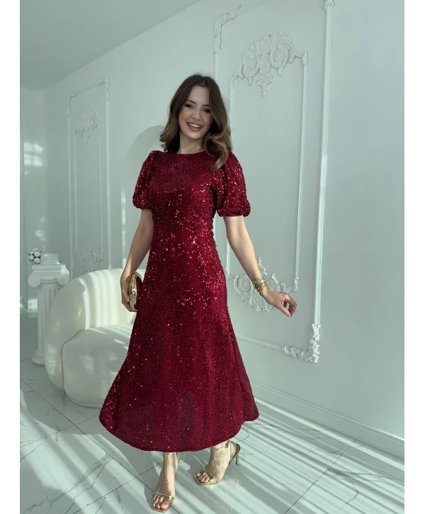Işıltılı Vatkalı Pul Payet Bordo Elbise