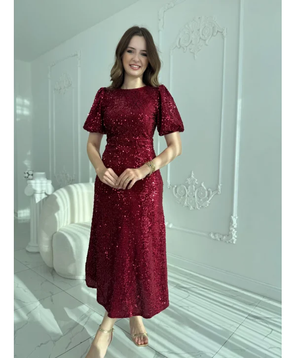 Işıltılı Vatkalı Pul Payet Bordo Elbise