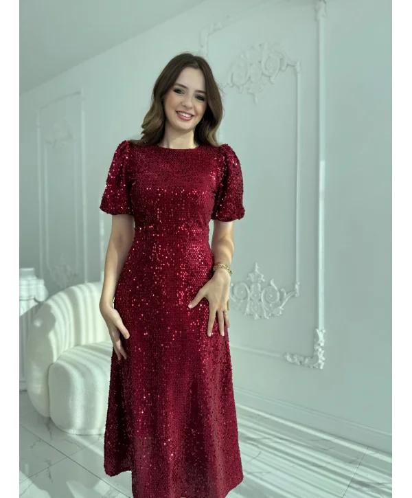 Işıltılı Vatkalı Pul Payet Bordo Elbise